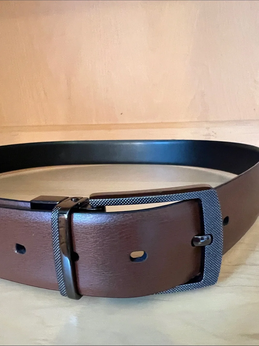 Reversible Black/Brown Leather Dress Belt with Textured Buckle